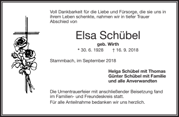 Traueranzeige von Elsa Schübel von Frankenpost