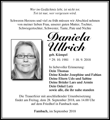 Traueranzeige von Daniela Ullrich von Südthüringer Presse