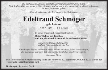 Traueranzeige von Edeltraud Schmöger von Südthüringer Presse