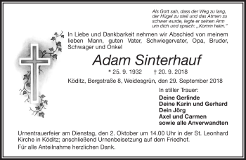 Traueranzeige von Adam Sinterhauf von Frankenpost