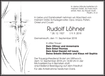 Traueranzeige von Rudolf Löhner von Frankenpost