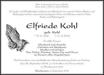 Traueranzeige von Elfriede Kohl von Südthüringer Presse