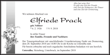 Traueranzeige von Elfriede Prack von Südthüringer Presse