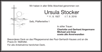 Traueranzeige von Ursula Stocker von Frankenpost