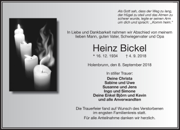 Traueranzeige von Heinz Bickel von Frankenpost
