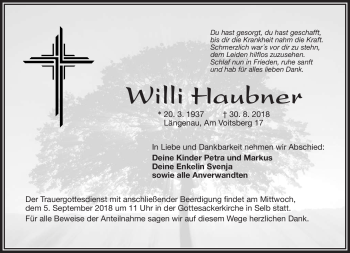 Traueranzeige von Willi Haubner von Frankenpost