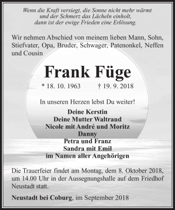 Traueranzeige von Frank Füge von Südthüringer Presse