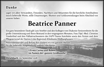 Traueranzeige von Beatrice Panner von Südthüringer Presse