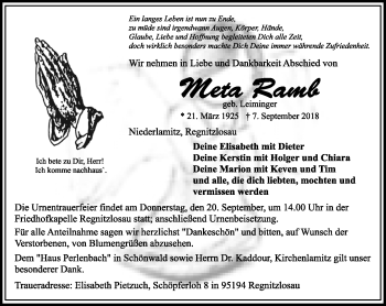 Traueranzeige von Meta Ramb von Frankenpost