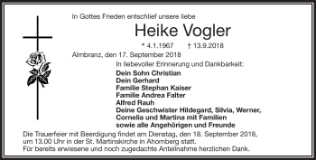 Traueranzeige von Heike Vogler von Frankenpost