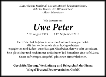 Traueranzeige von Uwe Peter von Südthüringer Presse