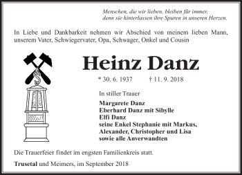 Traueranzeige von Heinz Danz von Südthüringer Presse