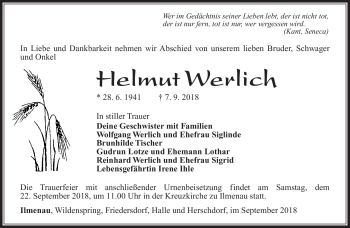 Traueranzeige von Helmut Werlich von Südthüringer Presse
