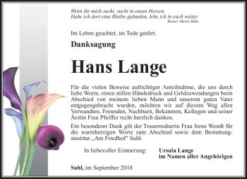 Traueranzeige von Hans Lange von Südthüringer Presse