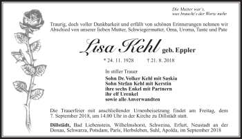 Traueranzeige von Lisa Kehl von Südthüringer Presse
