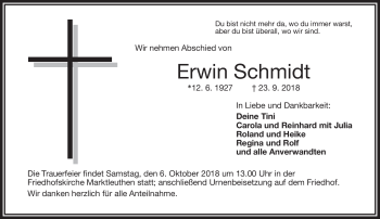 Traueranzeige von Erwin Schmidt von Frankenpost