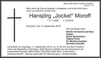 Traueranzeige von Hansjörg Moroff von Frankenpost