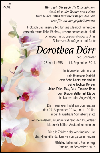 Traueranzeige von Dorothea Dörr von Südthüringer Presse