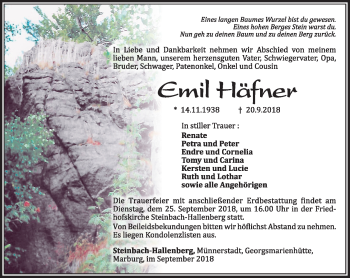 Traueranzeige von Emil Häfner von Südthüringer Presse