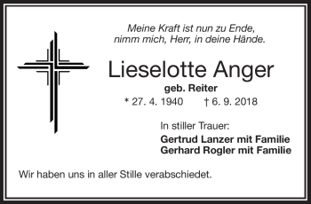 Traueranzeige von Lieselotte Anger von Frankenpost