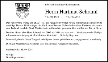 Traueranzeige von Hartmut Schraml von Frankenpost