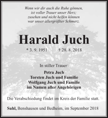 Traueranzeige von Harald Juch von Südthüringer Presse