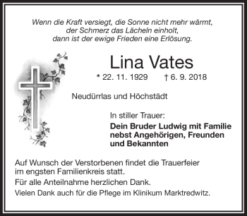 Traueranzeige von Lina Vates von Frankenpost