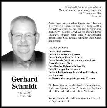 Traueranzeige von Gerhard Schmidt von Südthüringer Presse