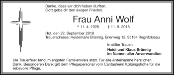 Traueranzeige von Anni Wolf von Frankenpost