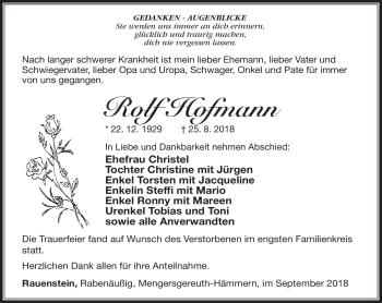 Traueranzeige von Rolf Hofmann von Südthüringer Presse