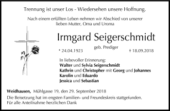 Traueranzeige von Irmgard Seigerschmidt von Neue Presse Coburg