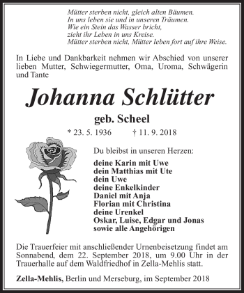 Traueranzeige von Johanna Schlütter von Südthüringer Presse