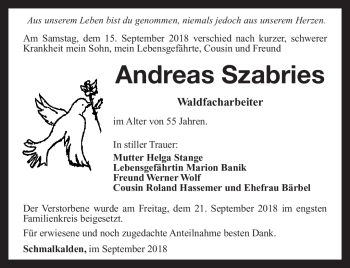 Traueranzeige von Andreas Szabries von Südthüringer Presse