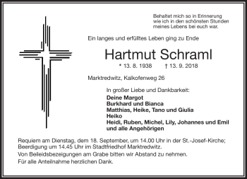Traueranzeige von Hartmut Schraml von Frankenpost