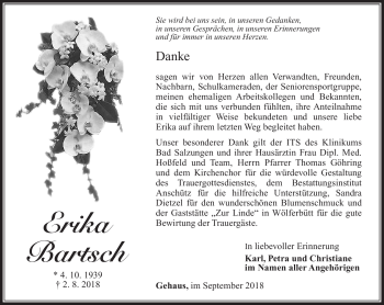 Traueranzeige von Erika Bartsch von Südthüringer Presse
