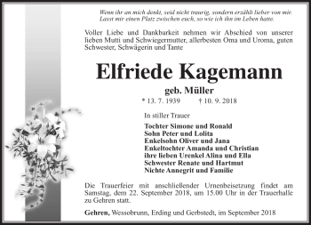 Traueranzeige von Elfriede Kagemann von Südthüringer Presse