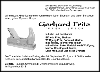 Traueranzeige von Gerhard Fritz von Südthüringer Presse