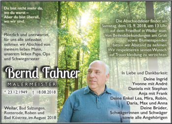 Traueranzeige von Bernd Fahner von Südthüringer Presse