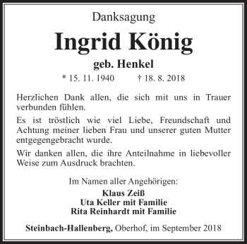 Traueranzeige von Ingrid König von Südthüringer Presse