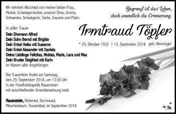 Traueranzeige von Irmtraud Töpfer von Südthüringer Presse