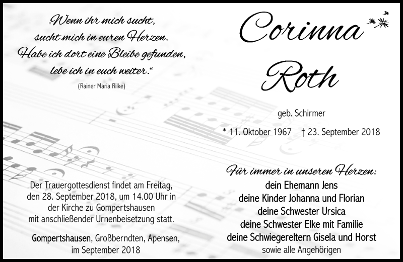  Traueranzeige für Corinna Roth vom 26.09.2018 aus Südthüringer Presse