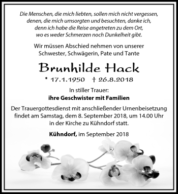 Traueranzeige von Brunhilde Hack von Südthüringer Presse