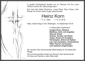 Traueranzeige von Heinz Korn von Frankenpost