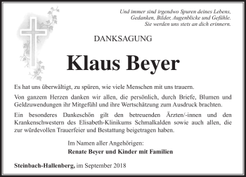 Traueranzeige von Klaus Beyer von Südthüringer Presse