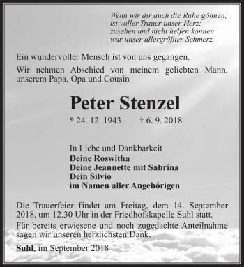 Traueranzeige von Peter Stenzel von Südthüringer Presse