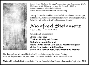 Traueranzeige von Manfred Steinmetz von Südthüringer Presse