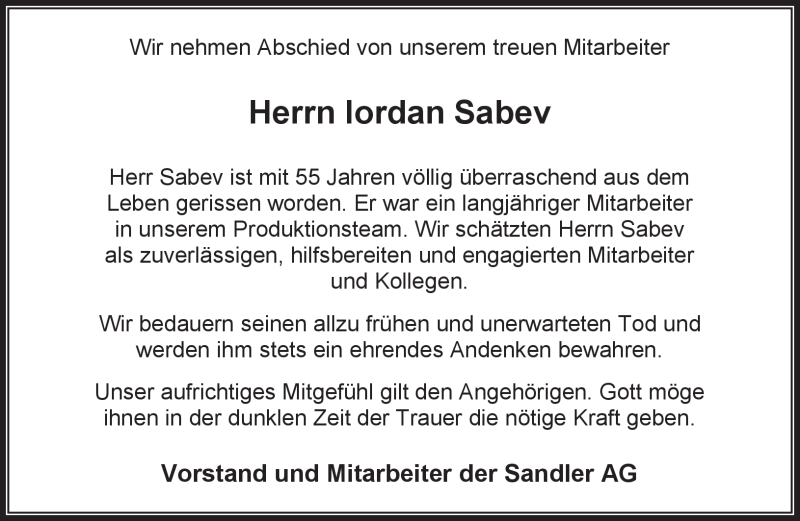  Traueranzeige für Iordan Sabev vom 11.09.2018 aus Frankenpost