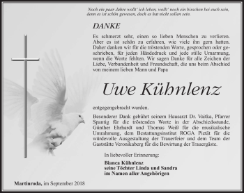 Traueranzeige von Uwe Kühnlenz von Südthüringer Presse
