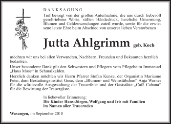 Traueranzeige von Jutta Ahlgrimm von Südthüringer Presse