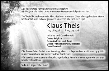 Traueranzeige von Klaus Theis von Südthüringer Presse